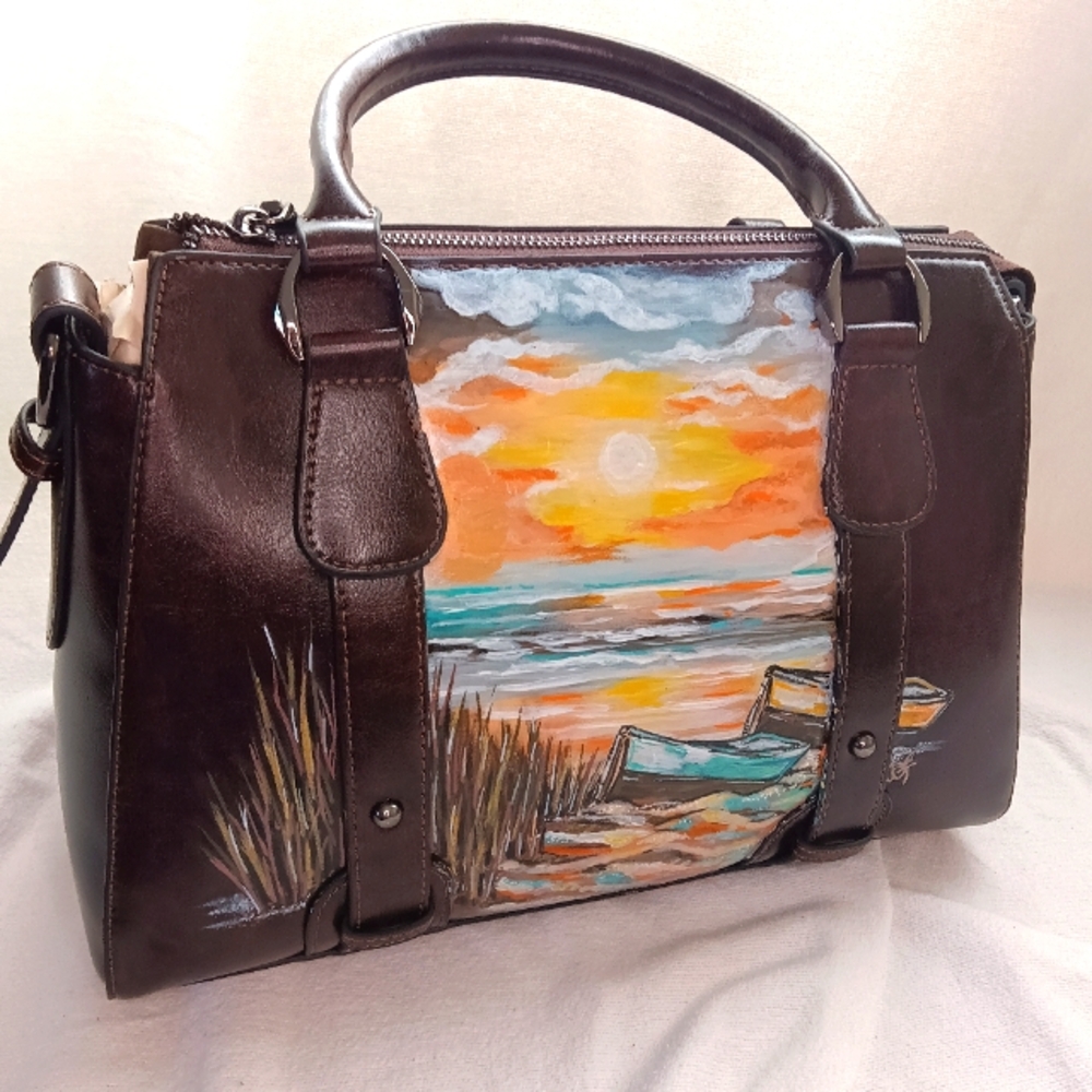 HAND PAINTED Genuine LEATHER Brown *NWT* Handbag Beach Sunset Boats Satchel Bag